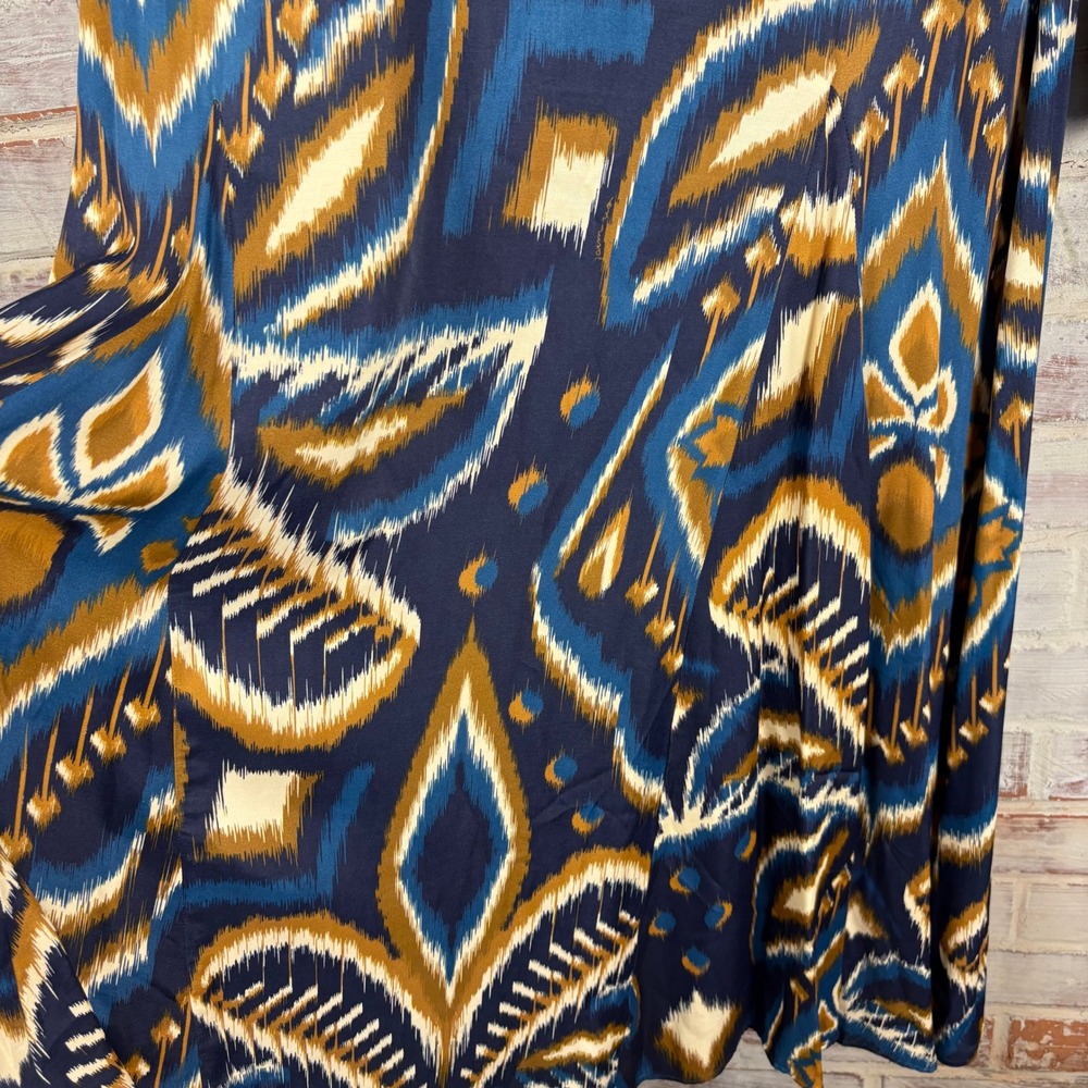 Farm Rio Blue Gold Pineapple Ikat Long Sleeve Maxi Dress L Boho Tribal Statement - Picture 11 of 11
